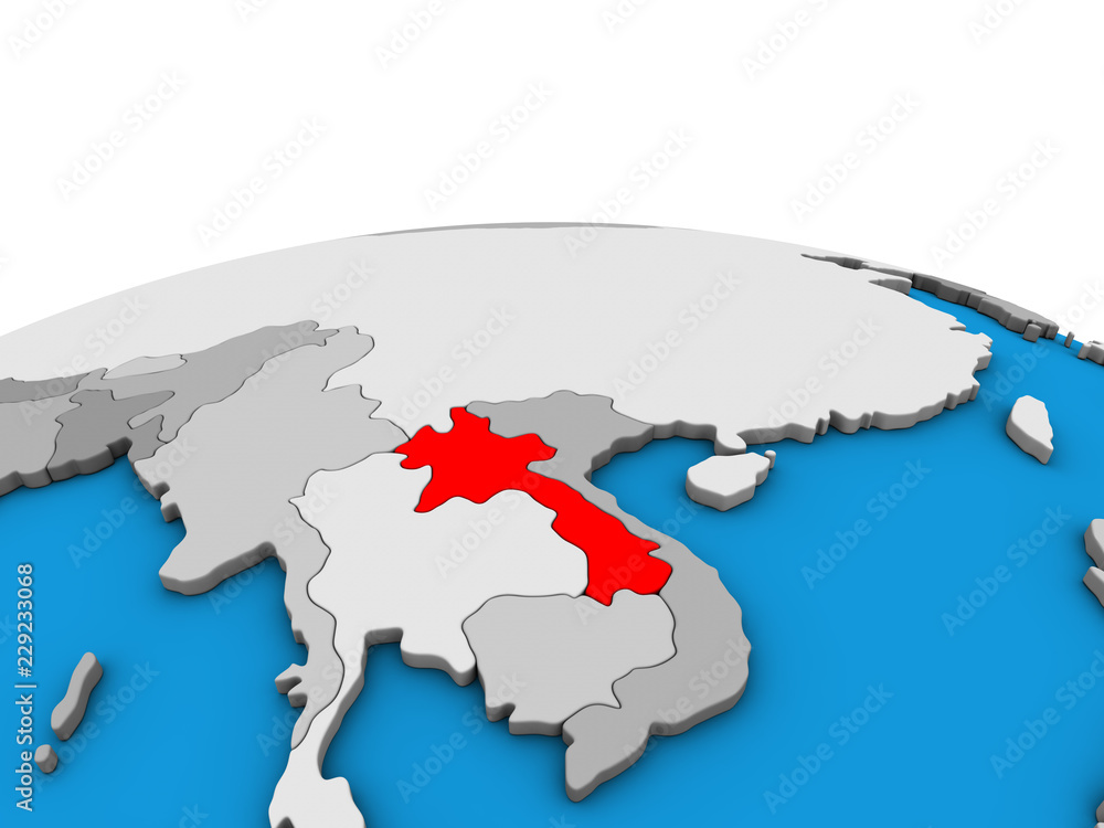 Laos on political 3D globe.