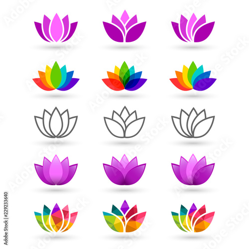 Lotus flower set made in various style and design. Compilation includes abstract, pruple, colorful, rainbow and line art icons.