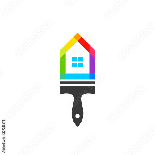 House and paintbrush combined as house painter concept isolated on white background. Rainbow made of colour spectrum and palette.
