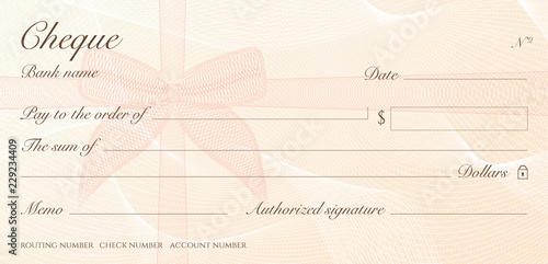 Check, Cheque (Chequebook template). Guilloche pattern with red bow watermark. Background hi detailed for banknote, money design, currency, bank note, Voucher, Gift certificate, Money coupon
