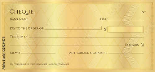 Cheque, Check, Chequebook template. Guilloche pattern with abstract geometric watermark. Golden background for banknote, money design, currency, bank note, Voucher, Gift certificate, Money coupon