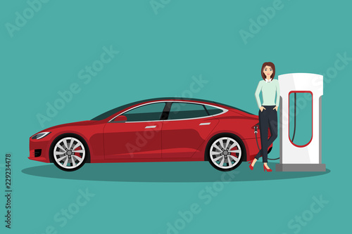 Woman charges an electric car at a charging station. Vector illustration