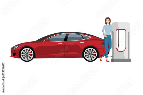 Woman charges an electric car at a charging station. Vector illustration