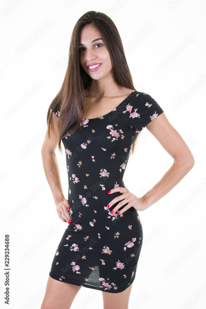 Happy slim beauty young woman in flower dress Happy slim beauty young woman in flower dress