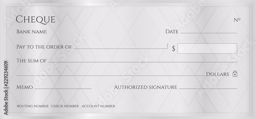 Cheque, Check, Chequebook template. Guilloche pattern with abstract geometric watermark. Silver background for banknote, money design, currency, bank note, Voucher, Gift certificate, Money coupon