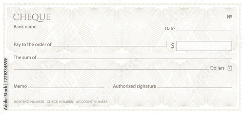 Check, Cheque (Chequebook template). Guilloche pattern with abstract floral watermark, border. White background for banknote, money design,currency, bank note, Voucher, Gift certificate, Money coupon