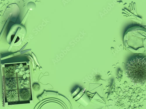Spring green background with garden tools and plants in flowerpots.  Copy space. Top view. 3D rendering.