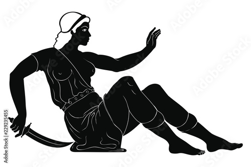 Defeated amazon woman with a sword in her hands sitting on the ground. One figure isolated on white background.