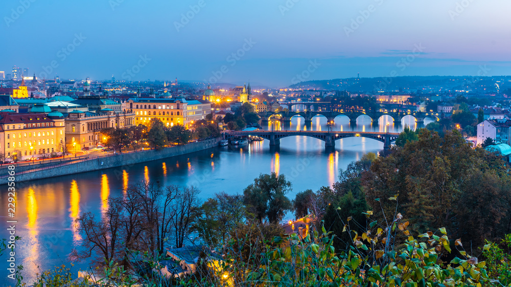 Prague bridges over Vltava River in the evening, Praha, Czech Republic
