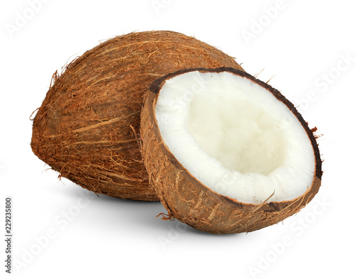 coconut with cut half isolated on white  clipping path