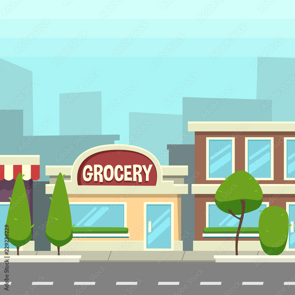 vector cartoon flat hand drawn grocery store street building front view illustration vector cartoon flat hand drawn grocery store street building front view illustration