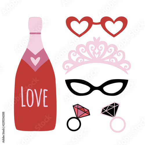 Party photo booth props. Holiday funny elements. Valentines day or wedding props - champagne, crown, glasses, diamond rings.