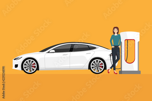 Woman charges an electric car at a charging station. Vector illustration