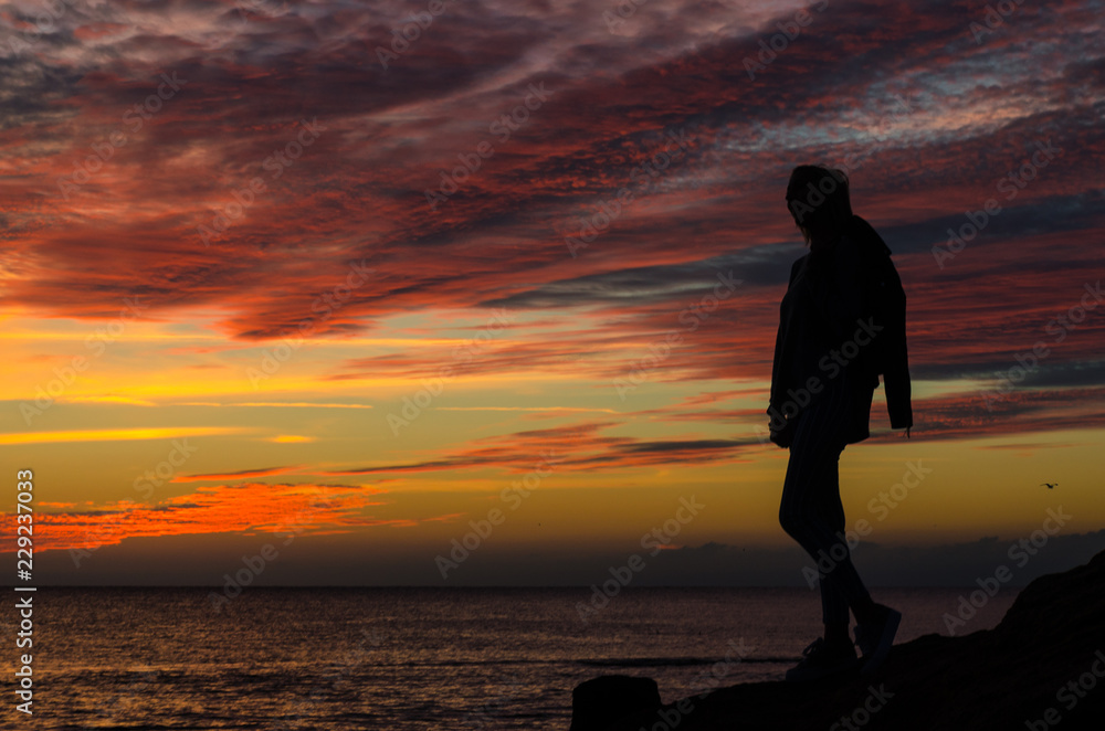 Fototapeta premium The silhouette of girl that standing on the stone near the sea