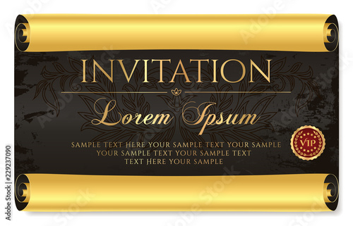 Invitation design. Medieval old vintage scroll parchment paper. Charter (aged sheet) with grunge texture and red seal wax. Template for invite card, diploma, gift certificate, love letter, old map