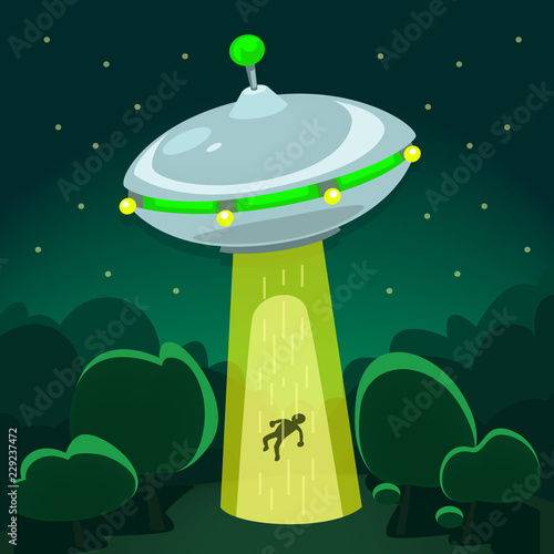 vector cartoon semi flat ufo night scene alien abduction in forest field with star sky background story illustration