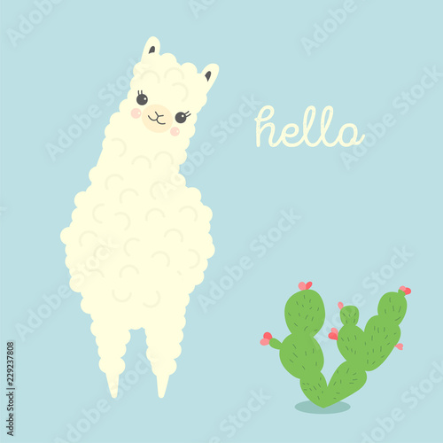 Vector Illustration of cute cartoon llama or alpaca with cactus. Childish print for fabric, t-shirt, poster, cards, invitations, cases, pattern, patch and sticker