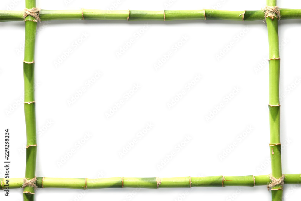 Fototapeta premium Flat lay composition with green bamboo stems on white background