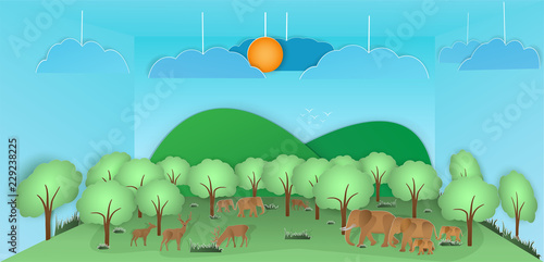 Vector nature and forest, where the deer And elephants and wild animals live.And the plentiful world and covered with the green of the nature and a papercut and placed in the room and Or used as backg
