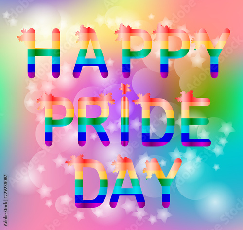 Inscription Happy proud day on Abstract rainbow background, soft blur, bokeh, square