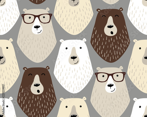 Cute childish seamless pattern with cartoon characters of different bears and eye glasses