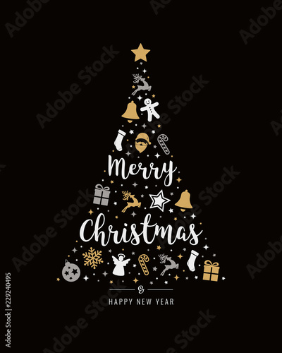 christmas tree gold icon elements lettering black background