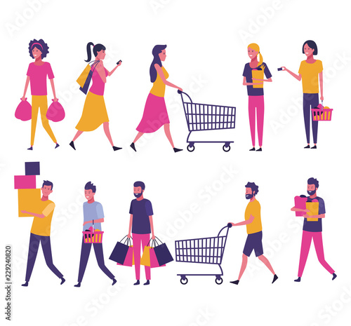 Set of people shopping