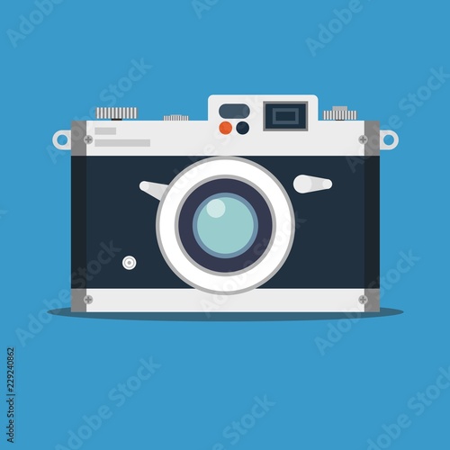 Old film camera. Vintage photo. Stock flat vector illustration.