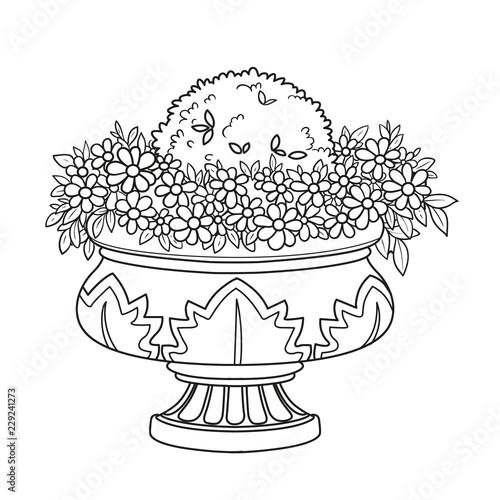 Flower bush growing in a curly garden vase outlined for coloring