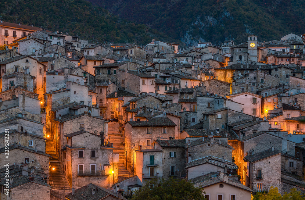 The beautiful village of Scanno in the evening, during autumn season. Abruzzo, central Italy.