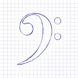 Bass Clef icon. Hand drawn picture on paper sheet. Blue ink, outline sketch style. Doodle on checkered background