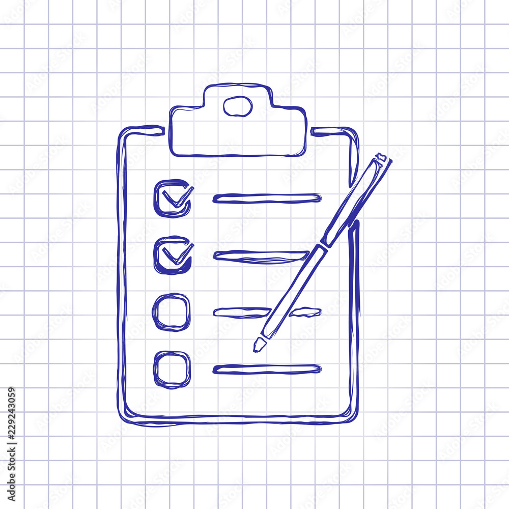 Checklist with pen icon. Hand drawn picture on paper sheet. Blue ink, outline sketch style. Doodle on checkered background Checklist with pen icon. Hand drawn picture on paper sheet. Blue ink, outline sketch style. Doodle on checkered background