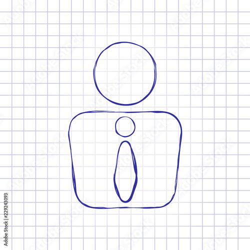 business man icon. Hand drawn picture on paper sheet. Blue ink, outline sketch style. Doodle on checkered background