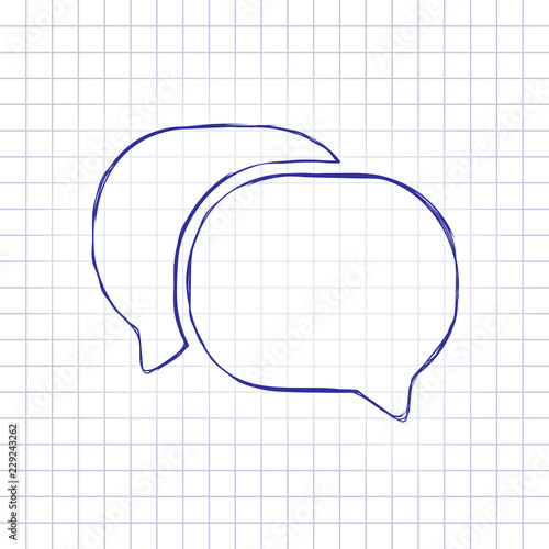 chat icon. Hand drawn picture on paper sheet. Blue ink, outline sketch style. Doodle on checkered background