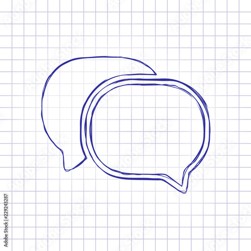 chat icon. Hand drawn picture on paper sheet. Blue ink, outline sketch style. Doodle on checkered background