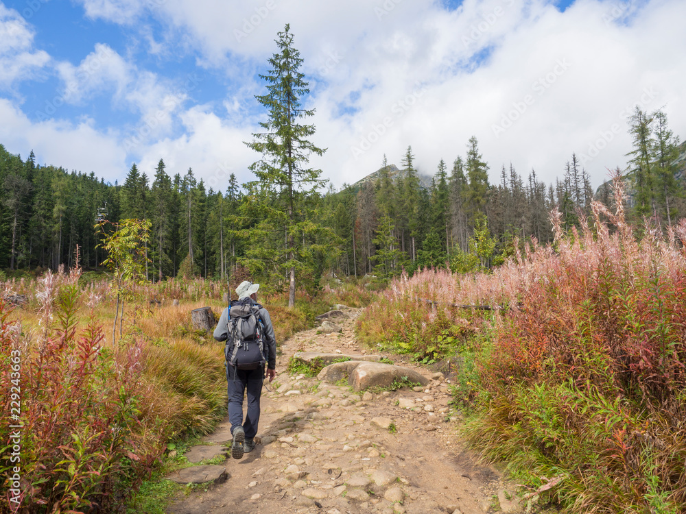 Young men tourist hiking at the beautiful nature trail at high tatra mountains in slovakia, late summer sunny day