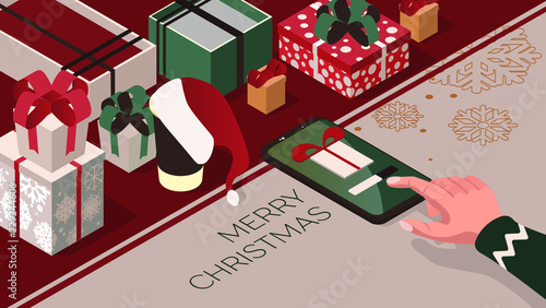 Purchase and send a Christmas gift through the app. Gifts in bright boxes. isometric 3d