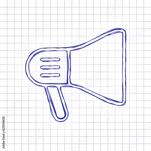 mouthpiece icon. Hand drawn picture on paper sheet. Blue ink, outline sketch style. Doodle on checkered background