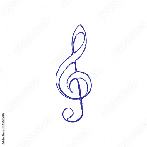 Simple icon of treble key. Hand drawn picture on paper sheet. Blue ink, outline sketch style. Doodle on checkered background