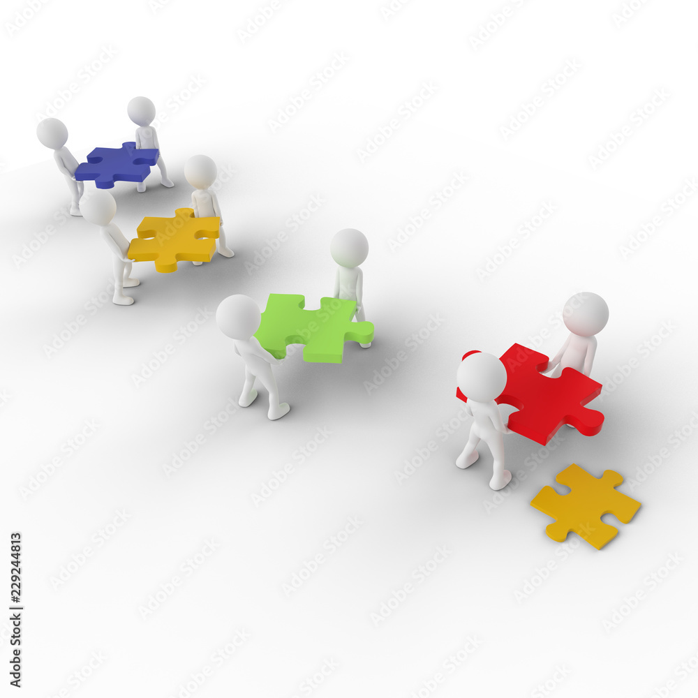 3D people with bright puzzle pieces 3D people with bright puzzle pieces
