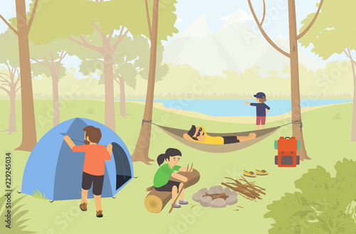 Camping in the nature with family / Campers Lifestyle. Modern vector flat design illustration.