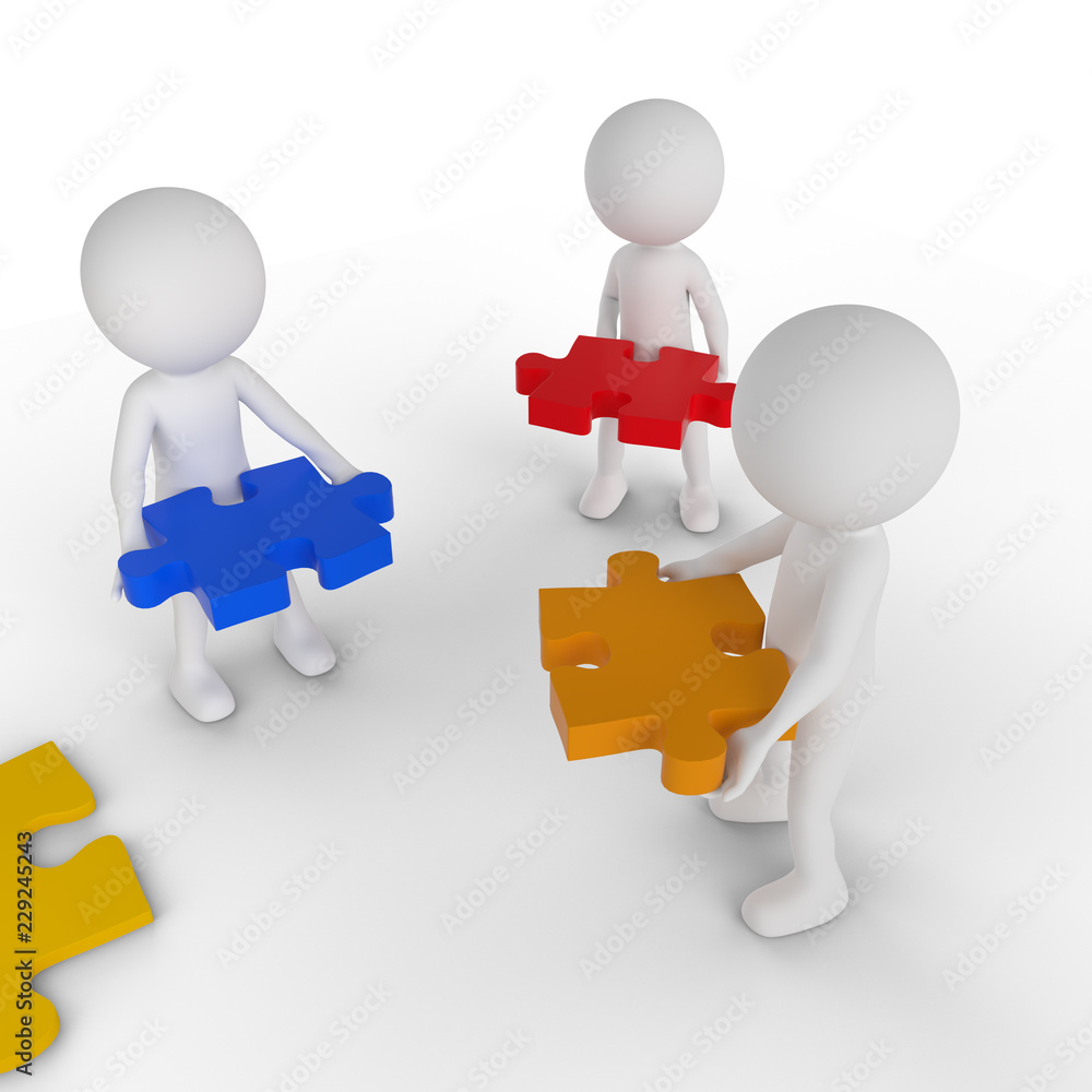 3D people with bright puzzle pieces 3D people with bright puzzle pieces