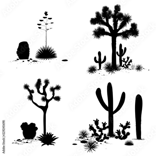 Cacti landscape groups. Vector set with silhouettes of saguaro, prickly pear, and agave. Black and white banner, place for text