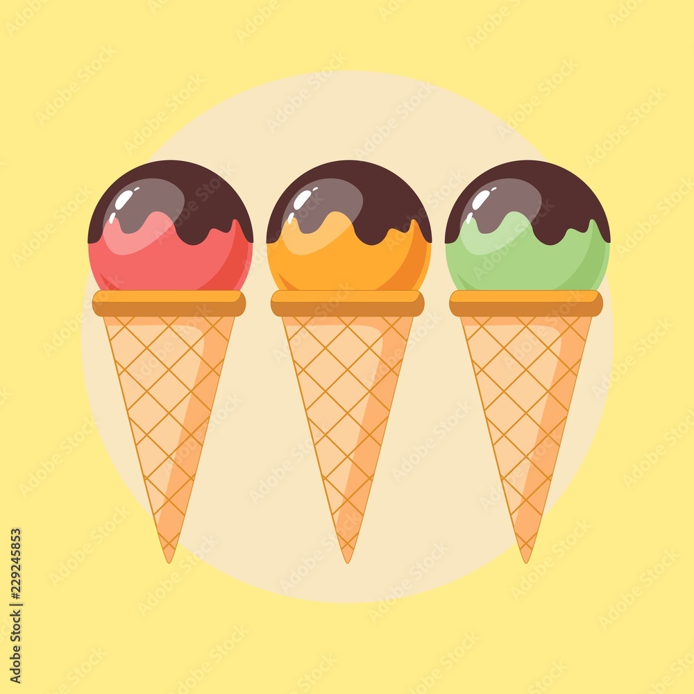 Mixed ice cream scoops with cone on background. Stock flat vector illustration.
