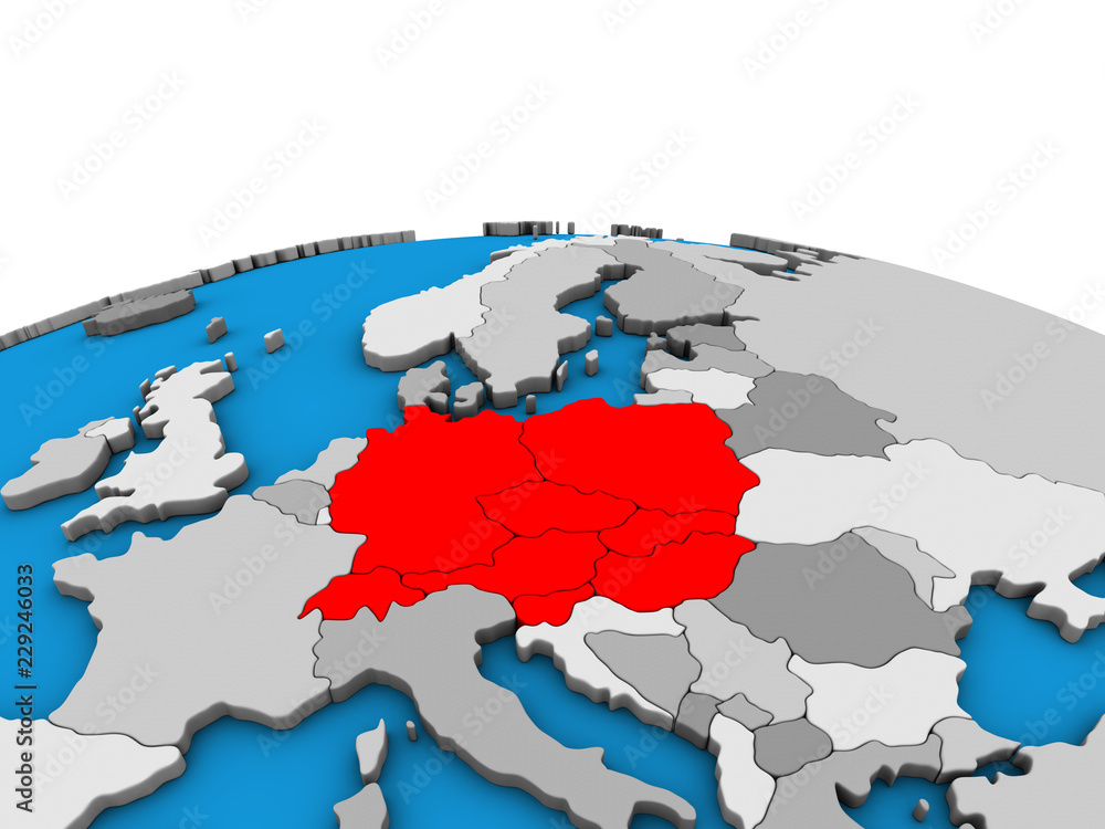 Fototapeta premium Central Europe on political 3D globe.
