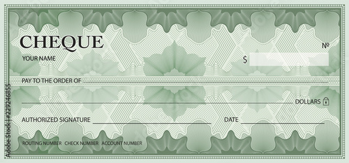 Check, Cheque (Chequebook template). Guilloche pattern with abstract floral watermark, border. Green background for banknote, money design, currency, bank note, Voucher, Gift certificate, Money coupon