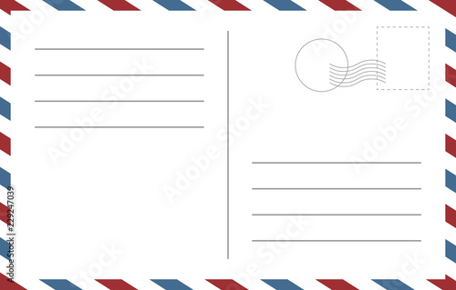 Blank postcard template. Backside of a postcart design vector blank template with red and blue edging photo