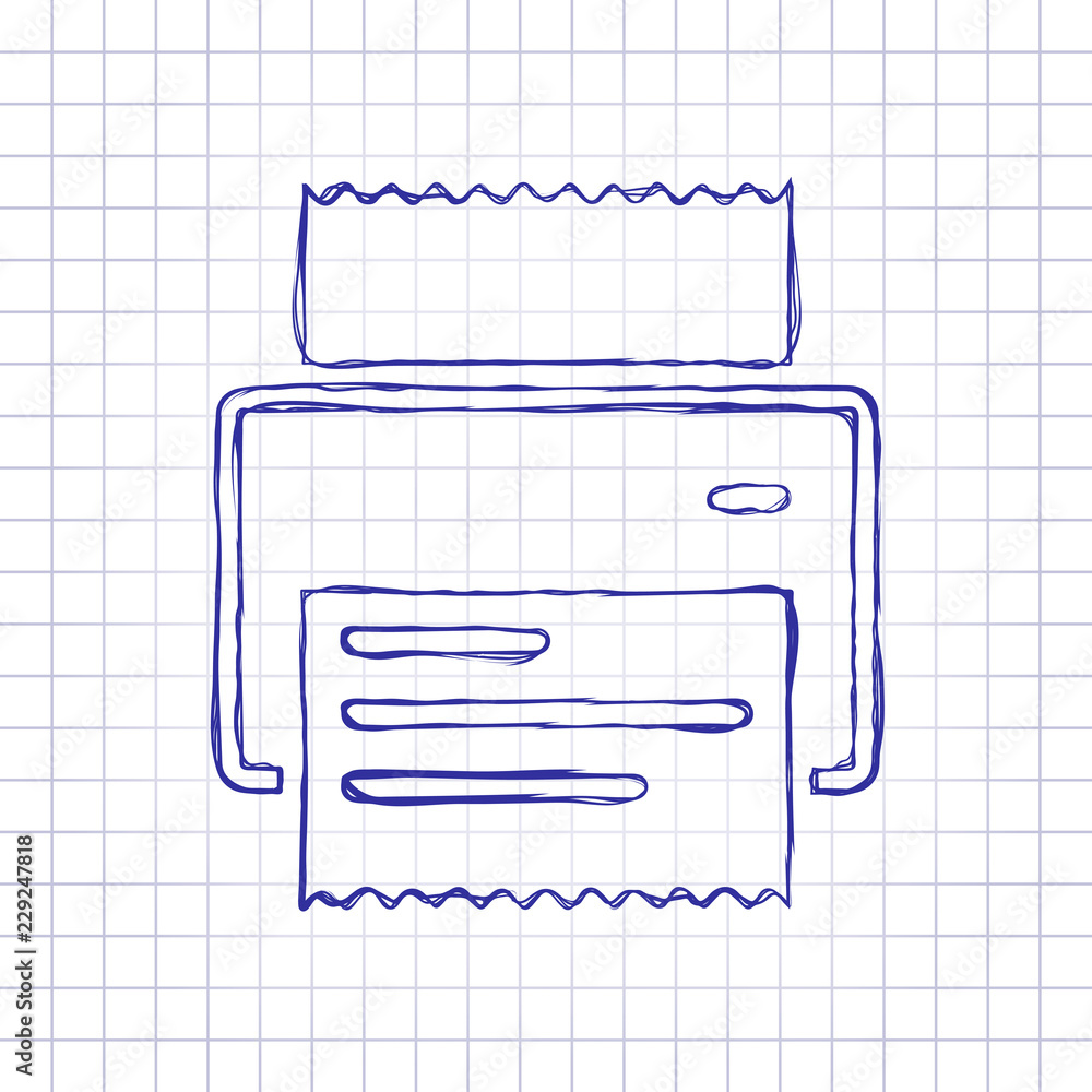 printer, receipt, simple icon. Hand drawn picture on paper sheet. Blue ink, outline sketch style. Doodle on checkered background printer, receipt, simple icon. Hand drawn picture on paper sheet. Blue ink, outline sketch style. Doodle on checkered background