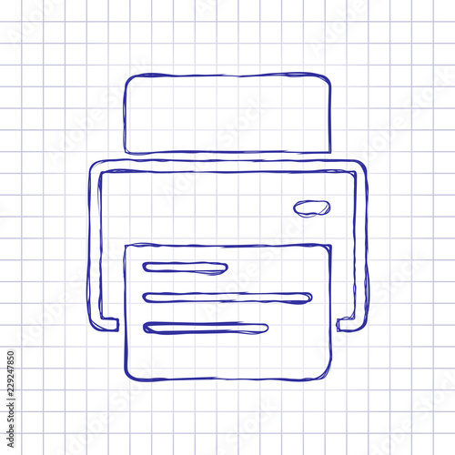 printer and paper. Hand drawn picture on paper sheet. Blue ink, outline sketch style. Doodle on checkered background