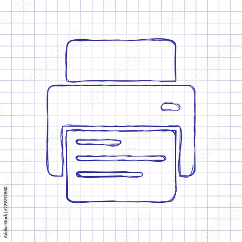 printer and paper. Hand drawn picture on paper sheet. Blue ink, outline sketch style. Doodle on checkered background